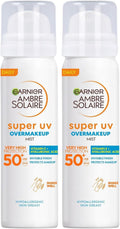 Garnier Ambre Solaire Over Makeup Super UV Protection Mist SPF50+ 75 ml with Hyaluronic Acid and Vitamin E, light texture, invisible finish, non-greasy spray, protects & hydrates skin