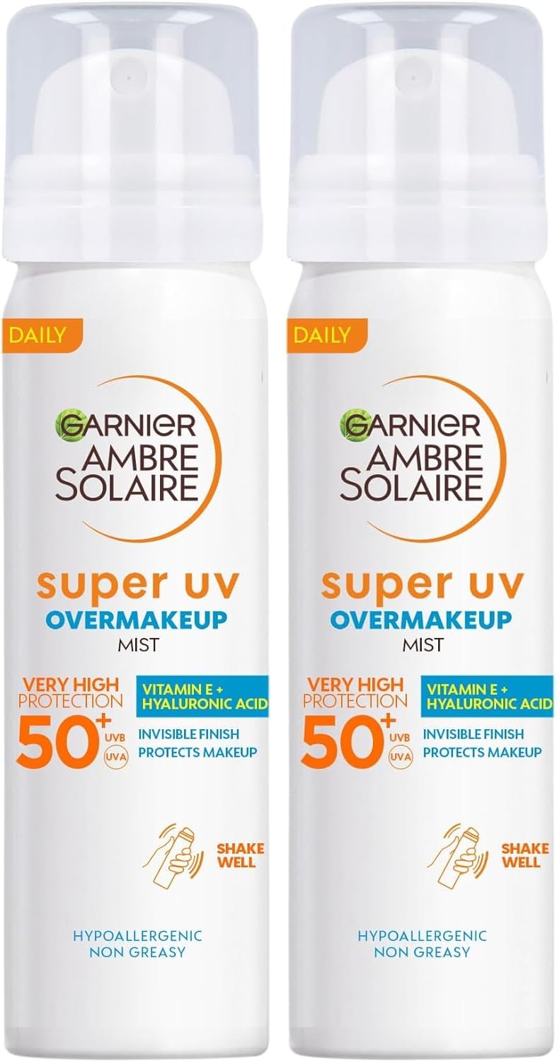 Garnier Ambre Solaire Over Makeup Super UV Protection Mist SPF50+ 75 ml with Hyaluronic Acid and Vitamin E, light texture, invisible finish, non-greasy spray, protects & hydrates skin