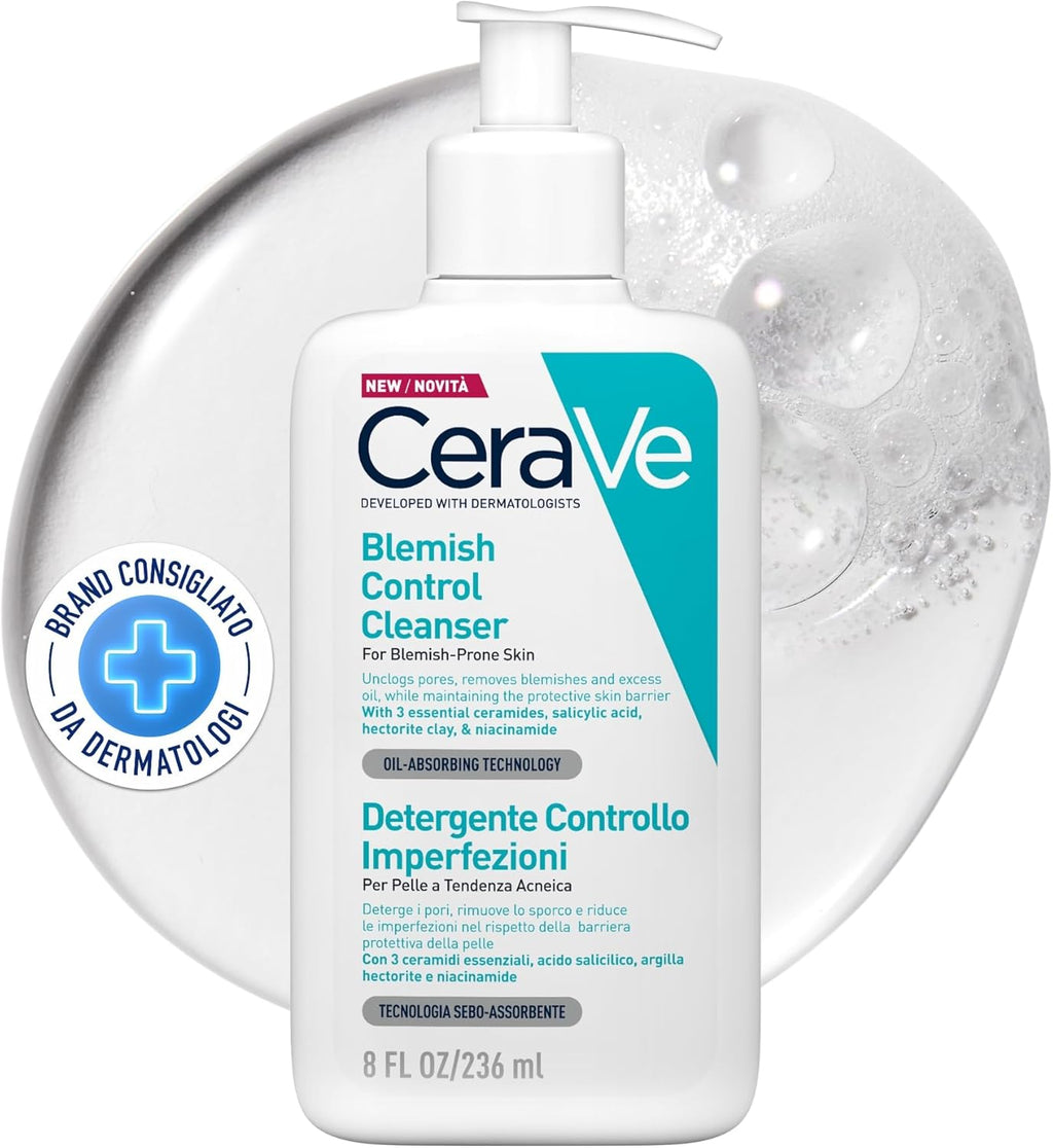 CeraVe Blemish Control Cleanser, 2% Salicylic Acid Face Wash with Niacinamide & 3 Essential Ceramides, Exfoliates & Clears Clogged Pores for Blemish-Prone Skin, Developed with Dermatologists