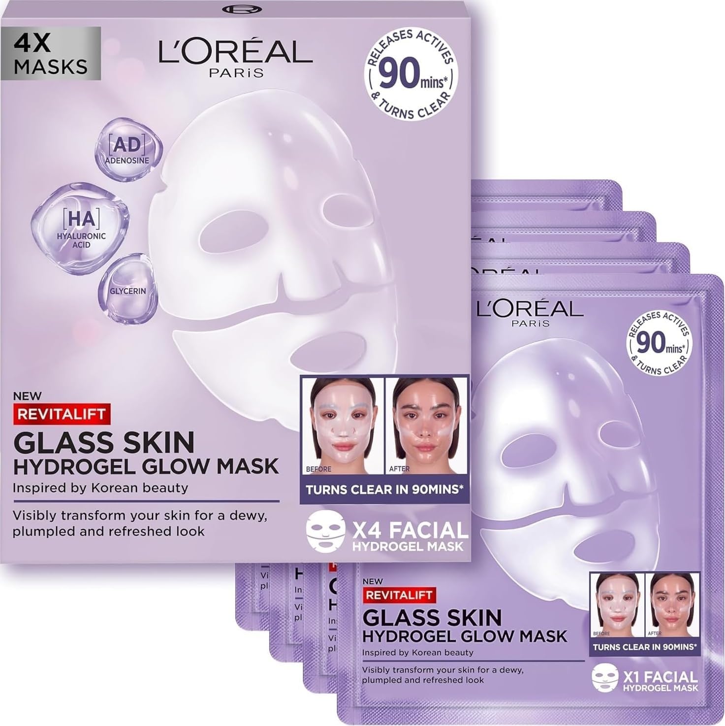 L'Oreal Paris Glass Skin Korean Face Mask 4 Pcs, Revitalift Filler Hydrogel Glow Mask, Korean Inspired Skincare, Visibly Transform Skin, Dewy