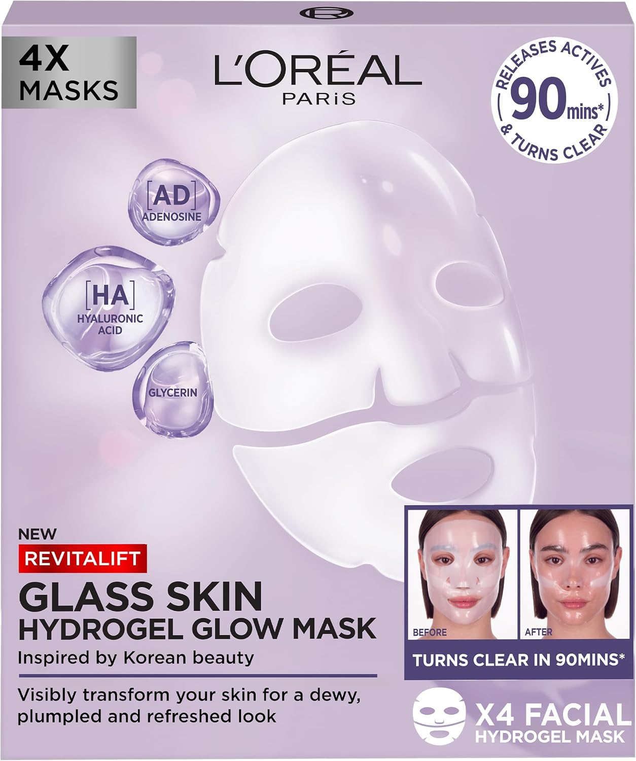 L'Oreal Paris Glass Skin Korean Face Mask 4 Pcs, Revitalift Filler Hydrogel Glow Mask, Korean Inspired Skincare, Visibly Transform Skin, Dewy