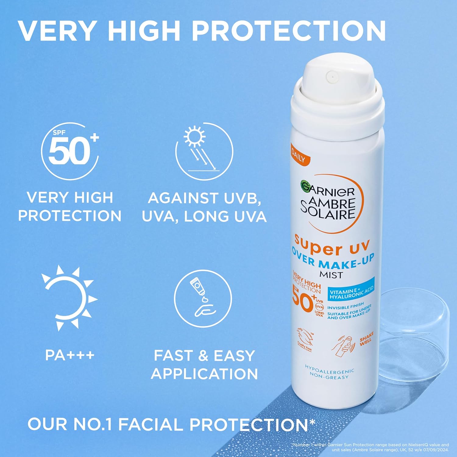 Garnier Ambre Solaire Over Makeup Super UV Protection Mist SPF50+ 75 ml with Hyaluronic Acid and Vitamin E, light texture, invisible finish, non-greasy spray, protects & hydrates skin