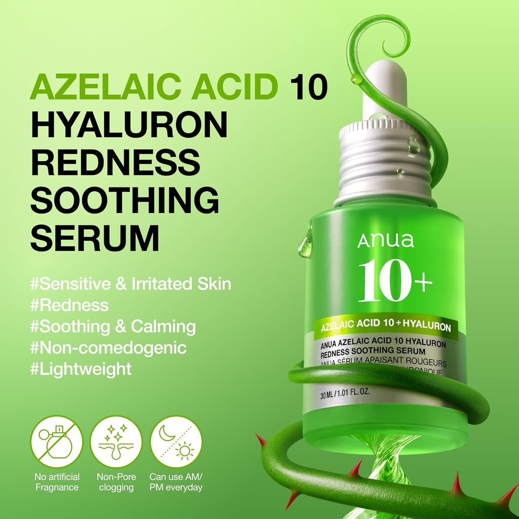Anua Azelaic Acid 10 Hyaluron Redness Soothing Serum, Facial Serum for Blemish-Prone & Oily-Prone Skin, Lightweight & Hydrating Blemish Care, Hyaluronic Acid, Korean Skincare,