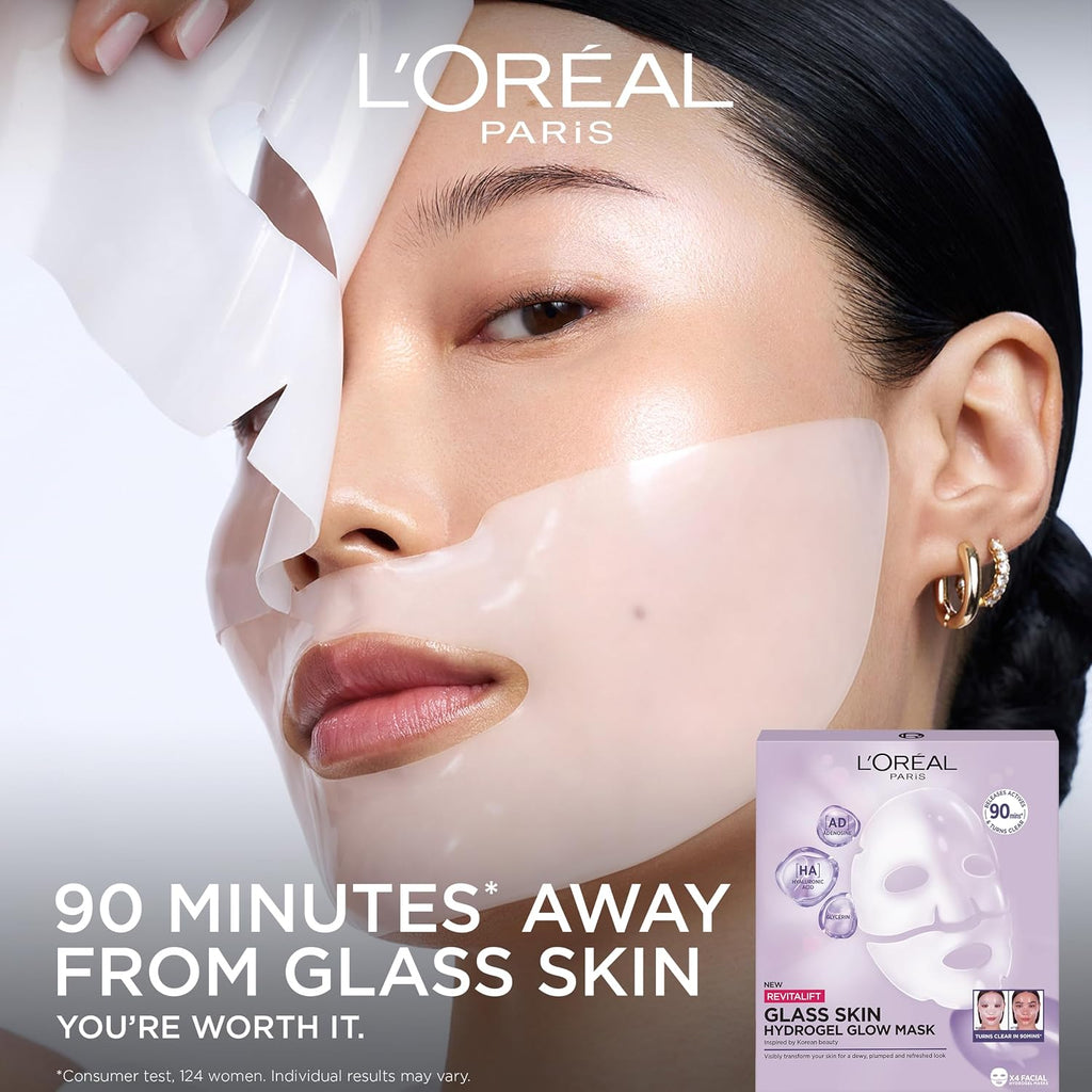 L'Oreal Paris Glass Skin Korean Face Mask 4 Pcs, Revitalift Filler Hydrogel Glow Mask, Korean Inspired Skincare, Visibly Transform Skin, Dewy