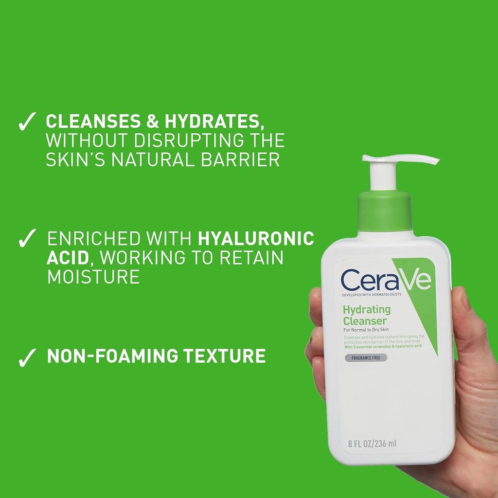 CeraVe Hydrating Cleanser, for normal to dry skin, contains Hyaluronic Acid and 3 essential ceramides, facial cleanser for sensitive skin