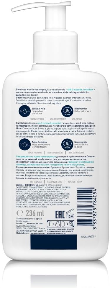 CeraVe Blemish Control Cleanser, 2% Salicylic Acid Face Wash with Niacinamide & 3 Essential Ceramides, Exfoliates & Clears Clogged Pores for Blemish-Prone Skin, Developed with Dermatologists
