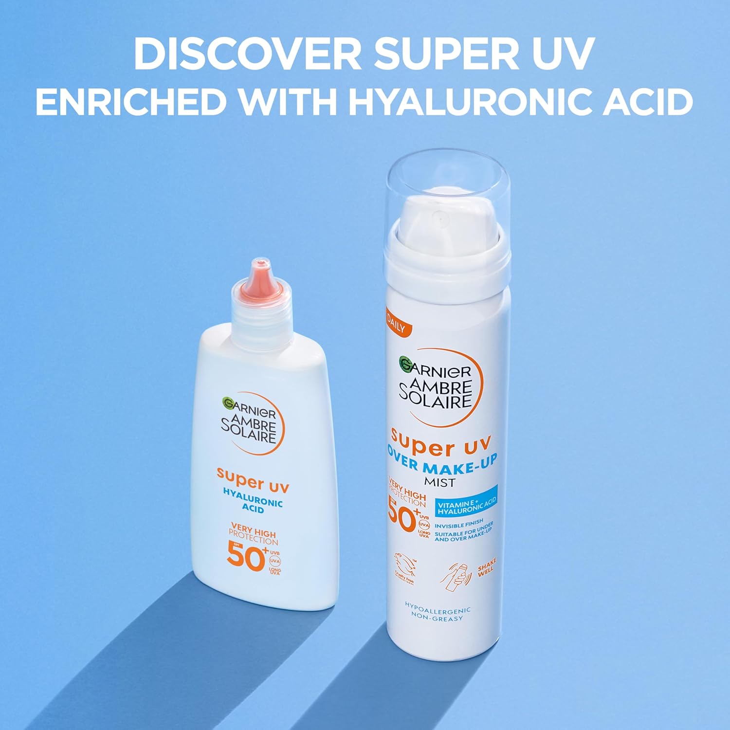 Garnier Ambre Solaire Over Makeup Super UV Protection Mist SPF50+ 75 ml with Hyaluronic Acid and Vitamin E, light texture, invisible finish, non-greasy spray, protects & hydrates skin