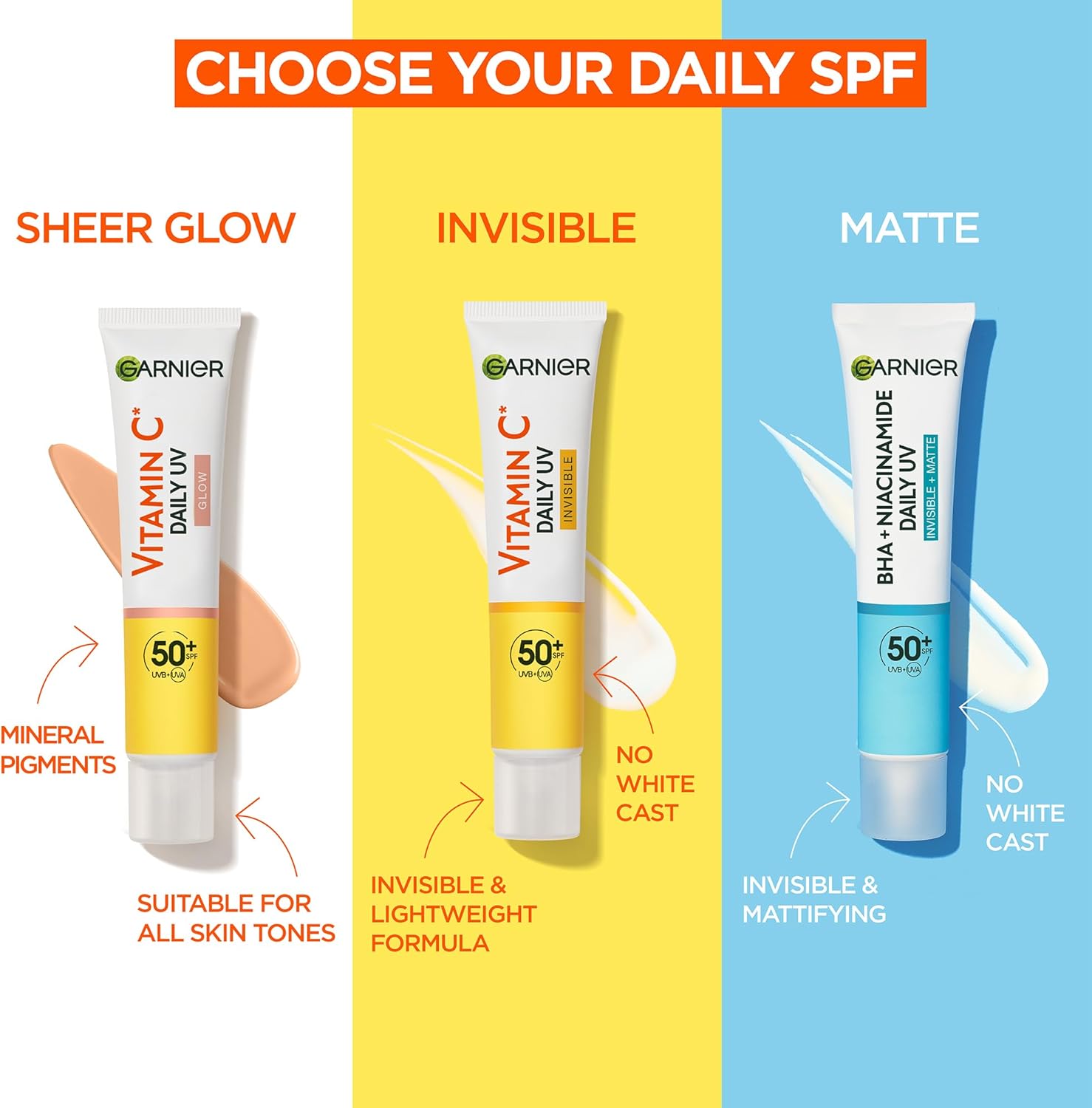 Garnier Vitamin C Tinted Suncreen for Face, SPF50+ Daily UV Brightening Fluid Sheer Glow, Prevents, Corrects Sun Damages, Evens Skin tone, Face & Neck, For All Skin Types, Cruelty-Free, Vegan