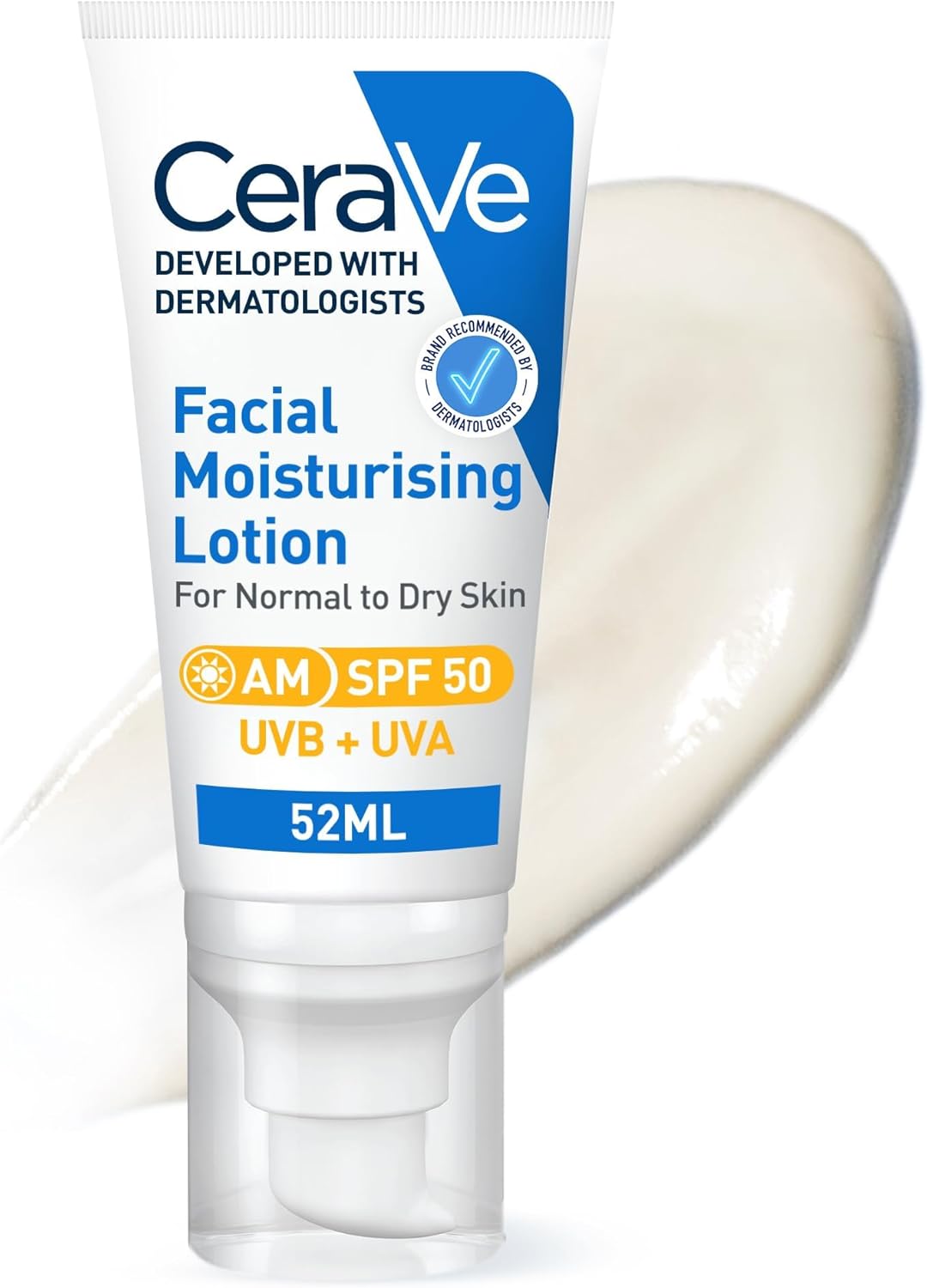 CeraVe AM Facial Moisturising Lotion SPF50 With 3 Essential Ceramides, Vitamin E, Niacinamide, MVE Technology, UVA UVB Protection, For Normal to Dry Skin, Lightweight, Non-Greasy, Allergy Tested